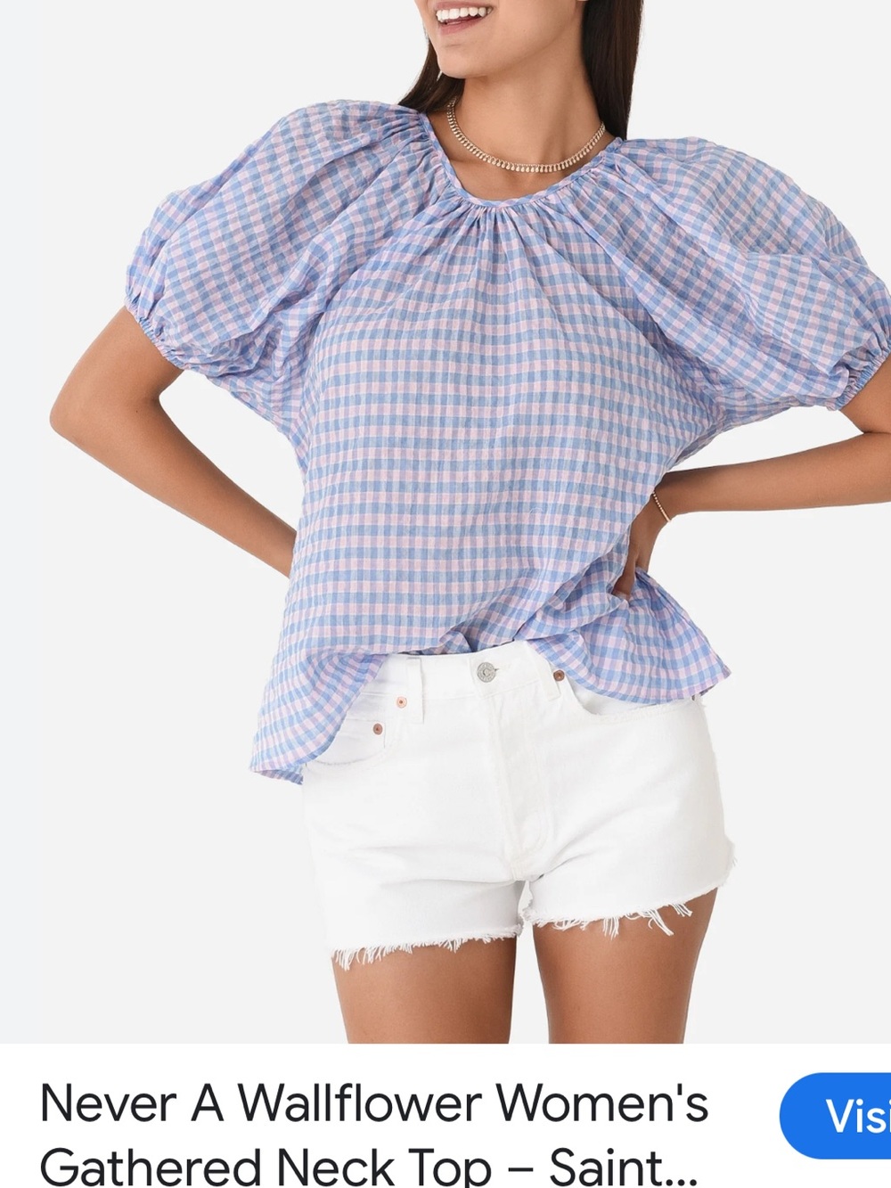 Never a Wallflower reg price$ Gathered Neck Gingham Puff-Sleeve Top - Lavender/p
